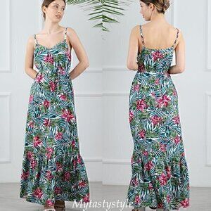 NWT Cotton Floral Summer Maxi Ruffled Boho Belted Sundress Size L